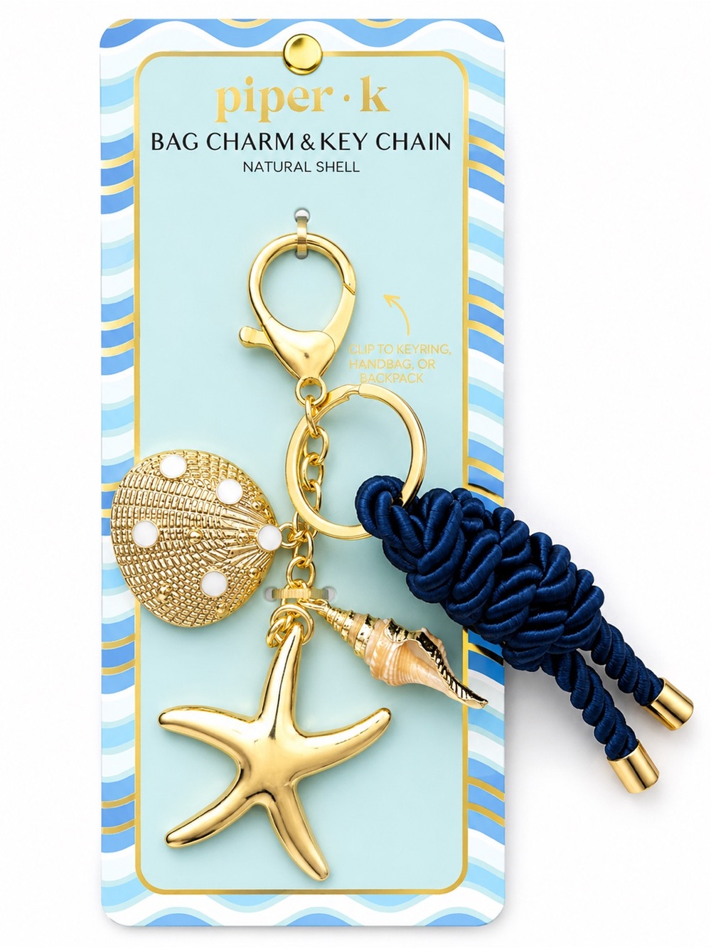 piper·k Blue & Gold Coastal Charm Key Chain Shells & Starfish